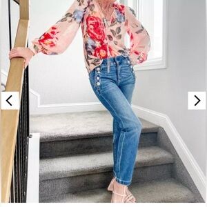 Straight leg mariner jeans, silver buttons, mid-high rise, WHBM size 6